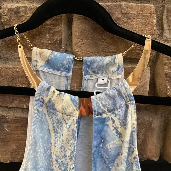 Gorgeous blue and gold racer back sundress with gold collar. - Picture 5 of 9